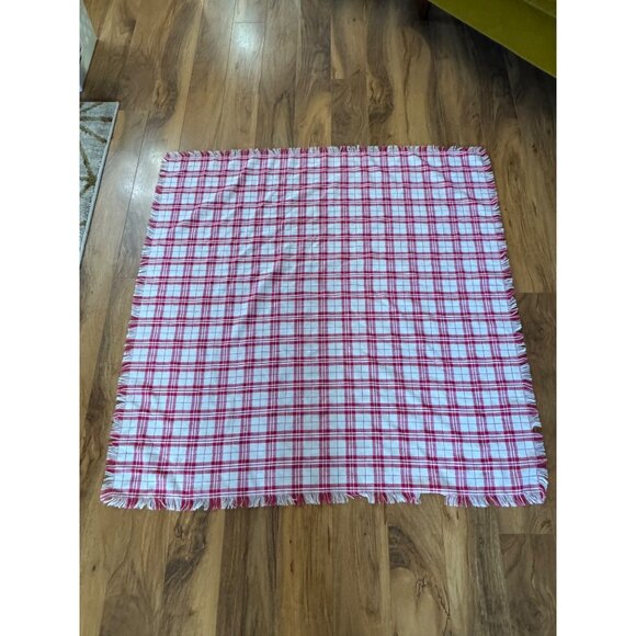 Red & White Plaid Woven Tablecloth With Fringe Edges 43" X 42" - Picture 1 of 6